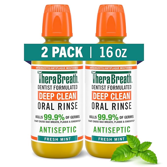 TheraBreath Deep Clean Mouthwash, Antiseptic Benefits, Fresh Mint Flavor, Dentist Formulated, Alcohol Free, 16 fl oz (Pack of 2)