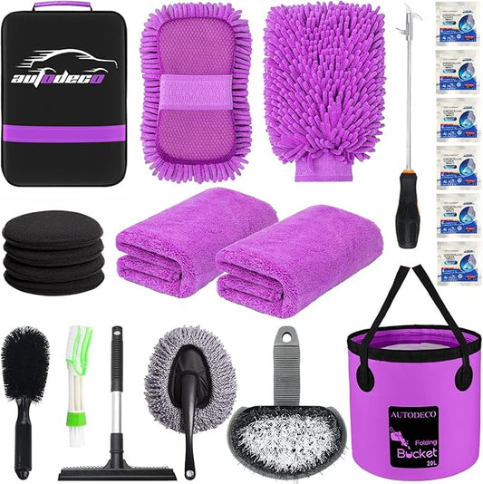 AUTODECO 22Pcs Car Wash Cleaning Tools Kit Car Detailing Set with Canvas Bag Purple Collapsible Bucket Wash Mitt Sponge Towels Tire Brush Window Scraper Duster Complete Interior Car Care Kit
