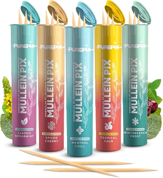 Mullein Pix, Extra Thick Flavored Toothpicks Infused with Mullein Leaf, Natural Quit Smoking Alternative, Lung Cleanse Support, Nicotine Free, Kosher Vegan, Made in The USA (5 Flavor Variety Pack)