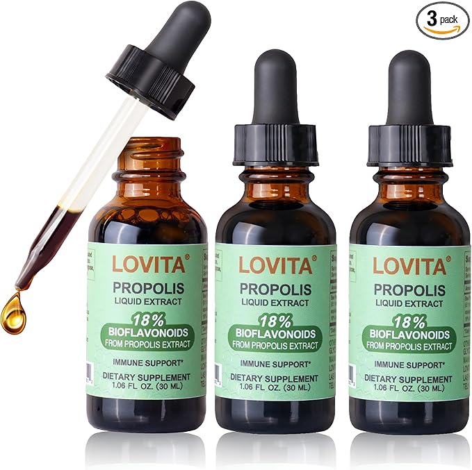 Lovita Bee Propolis Liquid Extract 500mg, 5:1 Resin Drops with 18% Bioflavonoids, Alcohol-Free Antioxidant, Immune Support & Throat Soothing, Gluten-Free, Non-GMO, 1 Fl Oz (30 mL), 90 Day Supply