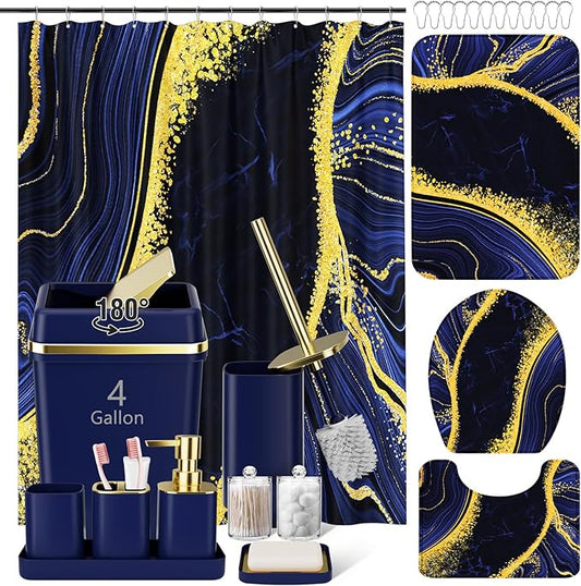 25PCS Bathroom Accessory Set, Navy Blue Bathroom Set with Large-Capacity 4 Gallon Trash Can,Bathroom Rugs Set, Waterproof Shower Curtain, Toilet Brush, Toothbrush Holder & Soap Dispenser