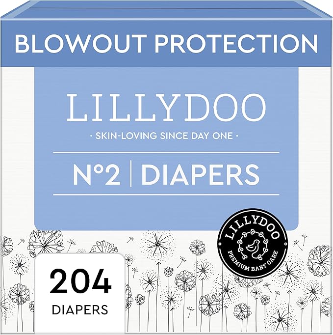 LILLYDOO Baby Diapers - Size 2 (9-18 lbs), Monthly Supply (204 Count), Leak Protection, Skin-Friendly, Ultrasoft, Perfume- & Chlorine-Free, Hypoallergenic, dermatologically Tested, Oeko-TEX®