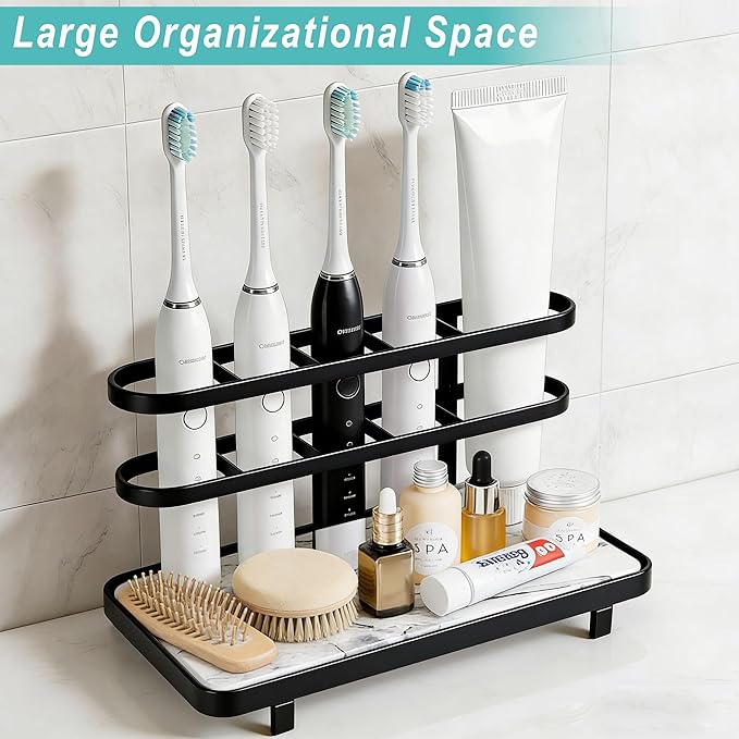 Electric Toothbrush Holders for Bathrooms, Bathroom Counter Organizer with Quick Dry Diatomaceous Earth Mat, 5 Slots Toothbrush and Toothpaste Holder Black, for Bathroom Sink Organizer Countertop