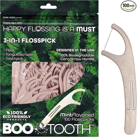 World’s First Eco-Friendly 3-in-1 Dental Floss Pick – Thin Flosser with Foldable Toothpick & Tongue Scraper – 100 Count, Biodegradable, Mint 100 Picks