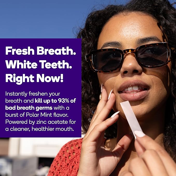 Burst Teeth Whitening Breath Strips (Polar Mint/8 Pack) | Kills 93% of Bad Mouth Germs | Up to 4 Shades Whiter in One Use | Easy to Apply/Quick Dissolving