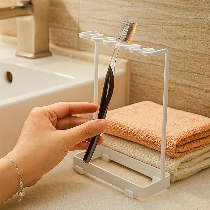 Stainless Countertop Toothbrush Holders Stand, Rustproof Bathroom Organizer with 5 Ventilated Slots to Hold Manual Toothbrushes and Razor, Metal Storage Collection for Family, Suitable for Home Vanity