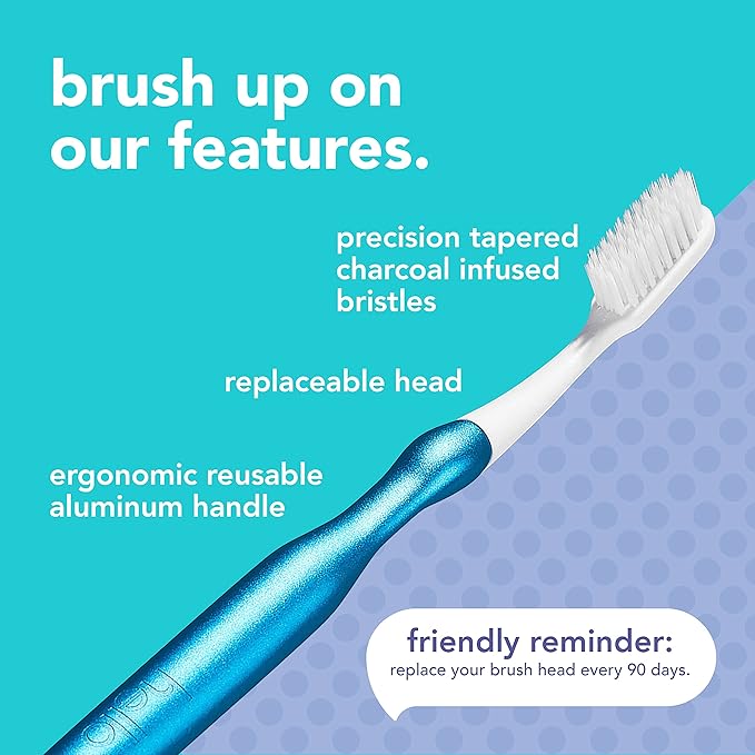 hello Manual Adult Toothbrush With Reusable Blue Modern Aluminum Handle & 4 Soft Replacement Heads, Bpa-free, 4 count