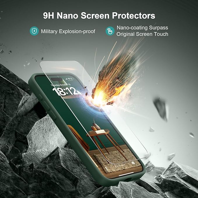 Magnetic for iPhone 15 Pro Case, Compatible with MagSafe, with 9H Nano Screen Protectors, Full Camera Protection, Silicone Shockproof Microfiber Lining Phone Case 6.1", Alpine Green