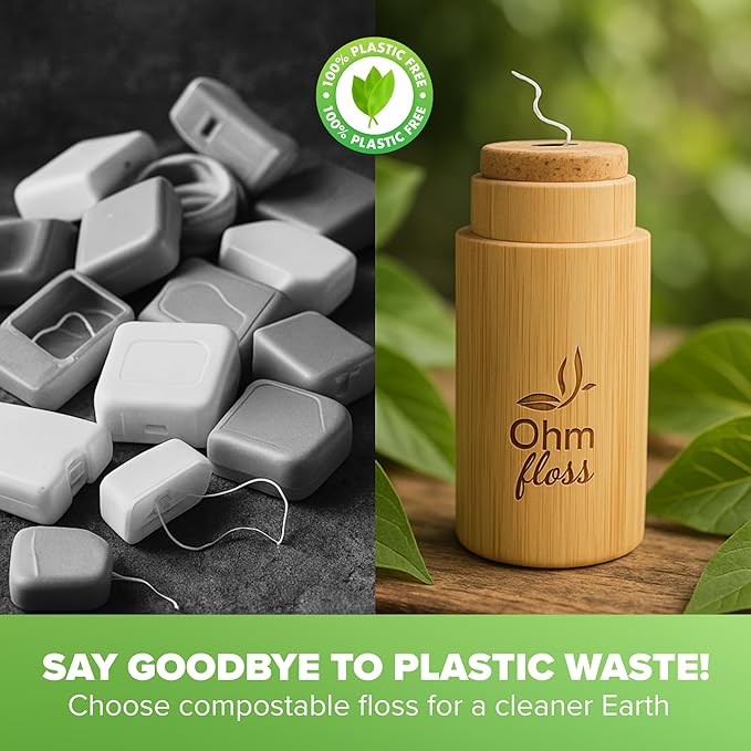 Ohm Earth’s Ohm Floss – Natural Silk Dental Floss with Refillable Bamboo Holder, Naturally Waxed with Candelilla 100% Compostable, 55 yds/50m Spool – Eco-Oral Care, Natural Mint