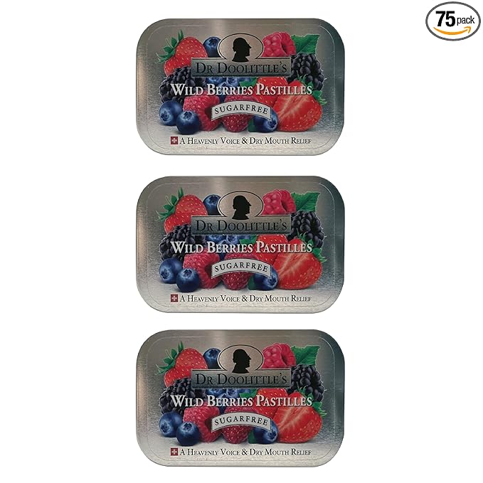 Dr. Doolittle’s Sugar Free Soft Fruit Pastilles for Voice and Throat, Wild Berries Flavor, 2.12 Ounce Tin, approximately 25 Count Package, 3 Pack