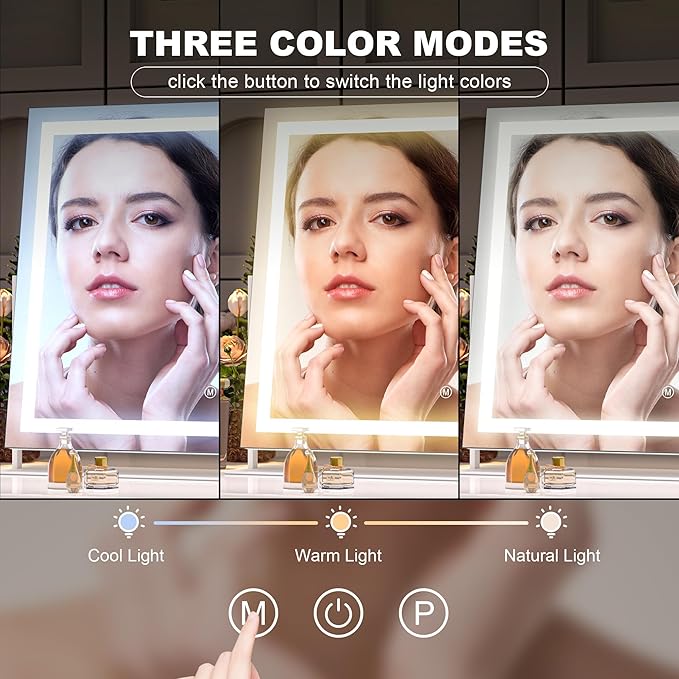 Hasipu Vanity Mirror with Lights, 16.9" x 13.4" LED Makeup Mirror, Light up Mirror with 10X Magnification, Smart Touch 3 Colors Dimmable, 360° Rotation (White)