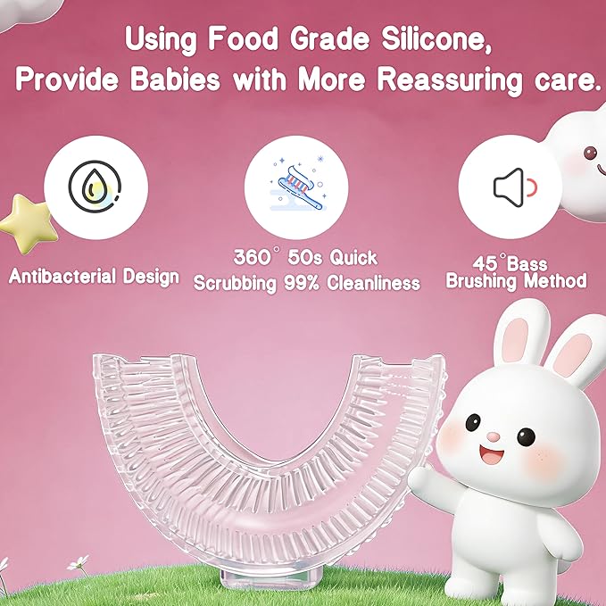 Kids Electric U Shaped Toothbrush, Sonic Automatic Toothbrush Kids with 4 Brush Heads, 3 Cleaning Modes, Cartoon Dinosaur IPX7 Waterproof 360º Round Toddler Electric Toothbrush(Pink, Ages 2-12)