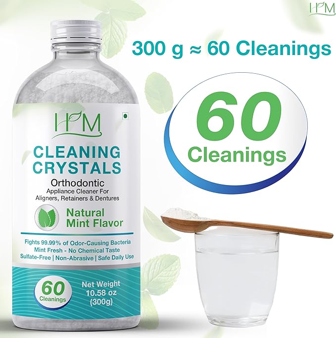 Happy Moms HM Cleaning Crystals for Aligners, Retainers & Dentures – Natural Mint Flavor | Eliminates Odor & Freshens | Sulfate-Free, Non-Abrasive Daily Appliance Cleaner – 60 Cleanings (300g)