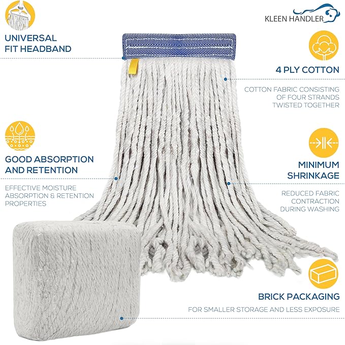 Pack of 24 Cut End Cotton Mop Head Replacement, 1.25-inch Universal Headband, Wet Mop Refills, Natural, 16 Oz