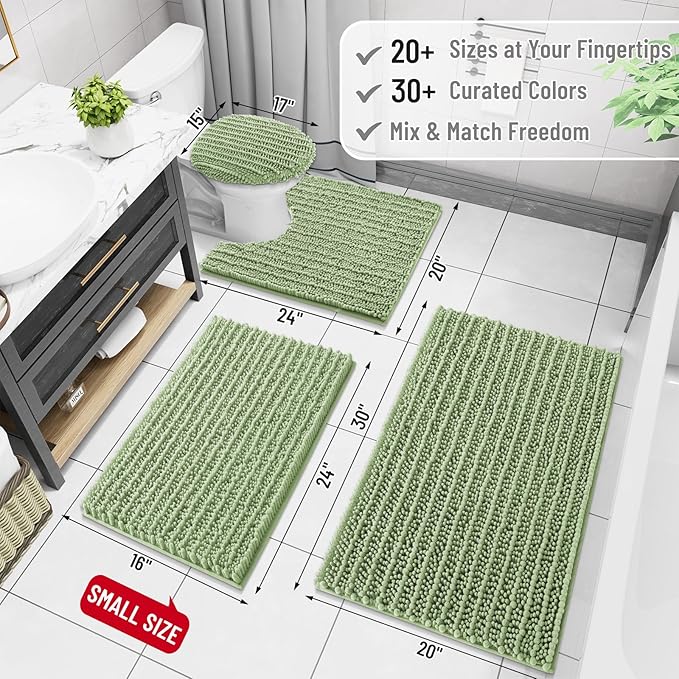 Arotive Luxury Chenille Bathroom Rug Mat, Extra Soft Thick Absorbent Shaggy Bath Rugs, Non-Slip Machine Wash Dry, Plush Bath Mats for Bathroom, Shower and Tub, 24x16, Sage Green