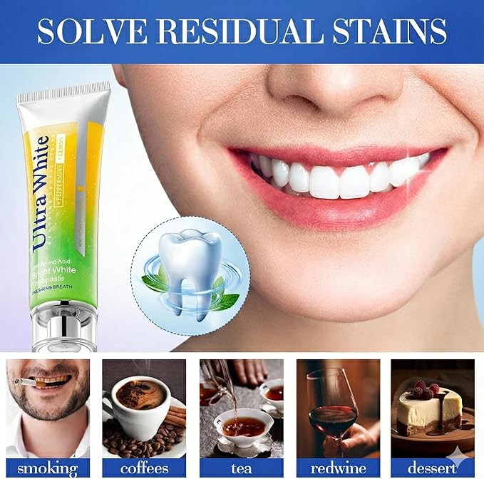 Ultra White Toothpaste for Stain Removal - Lemon Peppermint Whitening Toothpaste with Amino Acid - Fresh Breath, Gum Care & Enamel Safe Daily Tooth Paste (2 Pack, 3.52oz/100g Each)