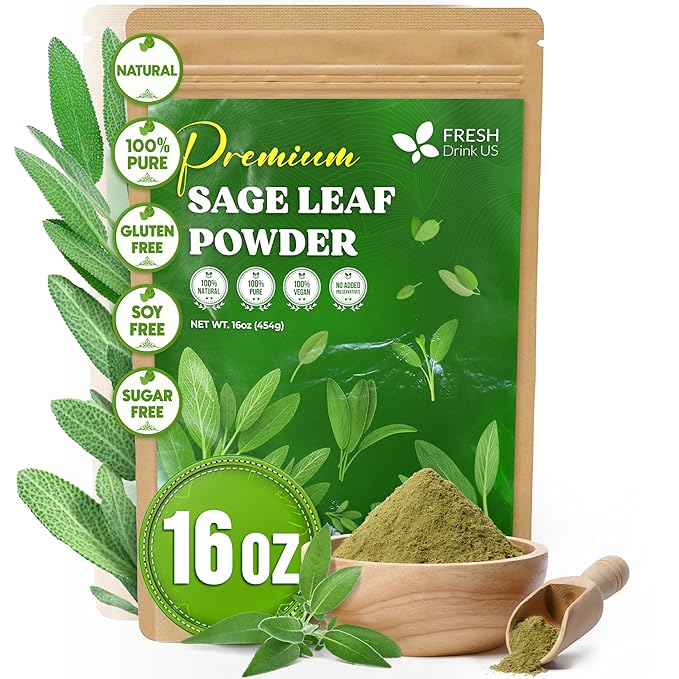FreshDrinkUS, Sage Leaf Powder 16oz – Premium Culinary Herb, Pure Ground Sage Leaves for Cooking, Baking & Herbal Infusions – Resealable Pouch