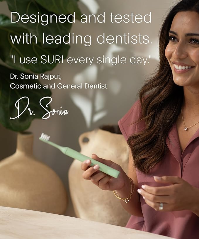 SURI 1.0 Sonic Electric Toothbrush with UV Cleaning Travel Case | 1 Month+ Battery | Designed in California | Electric Toothbrush for Adults | Travel Toothbrushes | Tooth Brush | Green