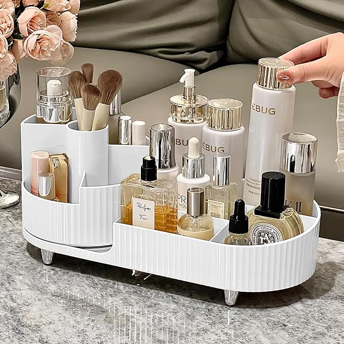 Makeup Organizer Countertop Rotating Makeup Organizer for Vanity Large Capacity Cosmetic Display Case with Makeup Brush Holder Cosmetic Organizer Countertop（White）