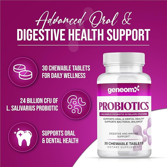 Probiotics L. Salivarius 24 Billion CFU – Supports Oral, Digestive & Immune Health – Chewable Tablets for Better Gut Health, Bacterial Balance, Non-GMO, Gluten Free, Vegan – 30 Count