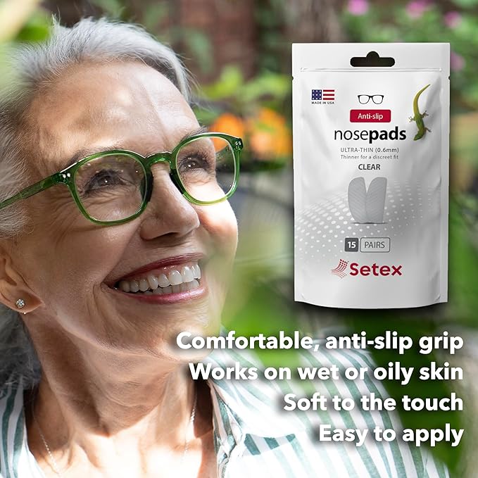 Setex Gecko Grip Ultra-Thin 0.6mm Anti Slip Eyeglass Nose Pads, (5 Clear Pair) USA Made, 2500 Innovative Microstructured Fibers per Nose Pad, 0.6mm x 7mm x 16mm