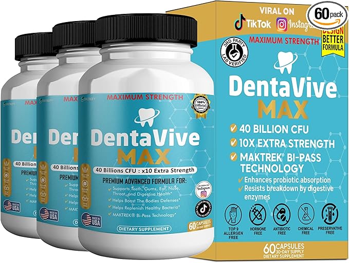DentaVive Max Probiotic Supplement, 40 Billion CFU, 60 Capsules, Premium Oral Health Support for Teeth, Gums, Digestive Health (3)