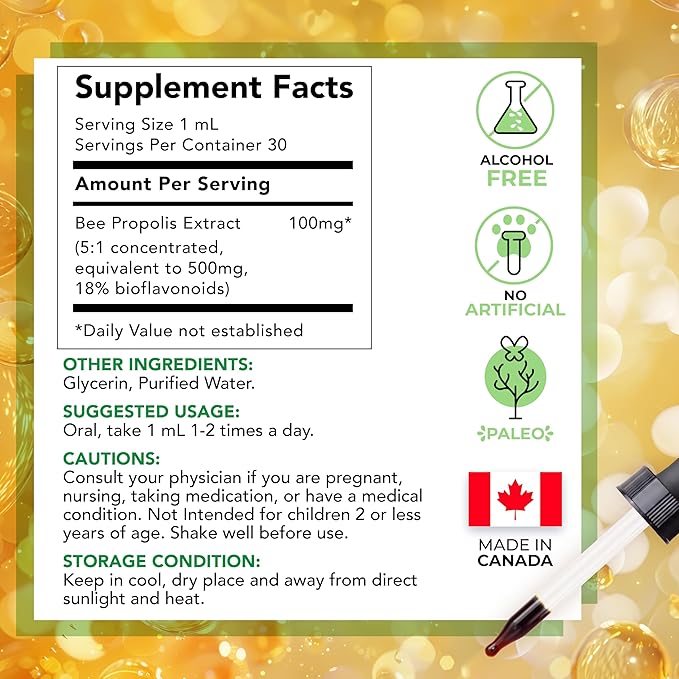 Lovita Bee Propolis Liquid Extract 500mg, 5:1 Resin Drops with 18% Bioflavonoids, Alcohol-Free Antioxidant, Immune Support & Throat Soothing, Gluten-Free, Non-GMO, 1 Fl Oz (30 mL), 90 Day Supply