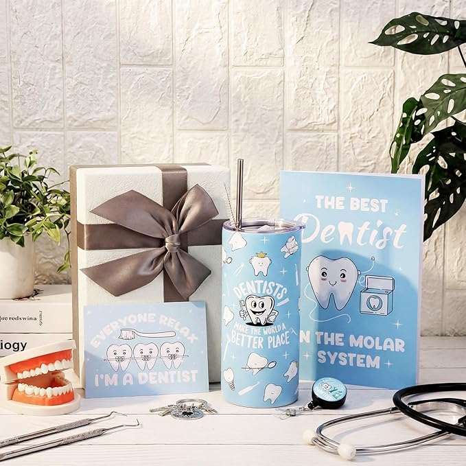 Geiserailie 8 Pcs Dentist Gifts Set for Men Women Dental Assistant Gift Include 16oz Stainless Steel Tumbler Badge Holder Socks Pen Notebook Keychain Greeting Card for Thank You Birthday Gift