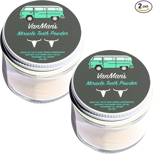 Vanman’s - Mint and Bone Tooth Powder Toothpaste (2 Pack) - Remineralizing Tooth Powder with Cattle Bone Derived Hydroxyapatite, Bentonite Clay, Peppermint Oil and Baking Soda - 2.2 oz