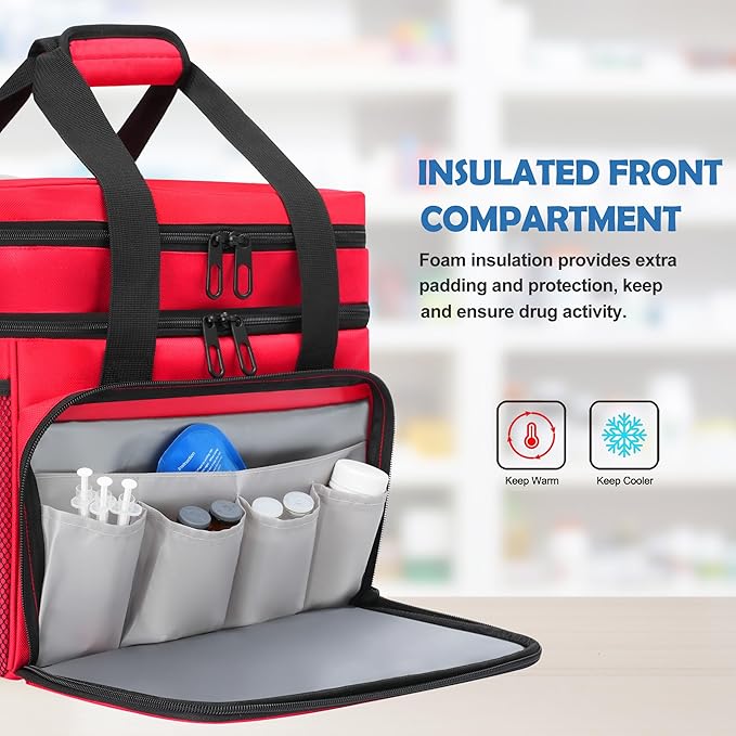 LIZSEN Large Medicine Storage Bag, Double Layer Pill Bottle Organizer Storage Bags with Lockable Zipper, Medication Travel Bag Carrying Case for Men Women (Red)