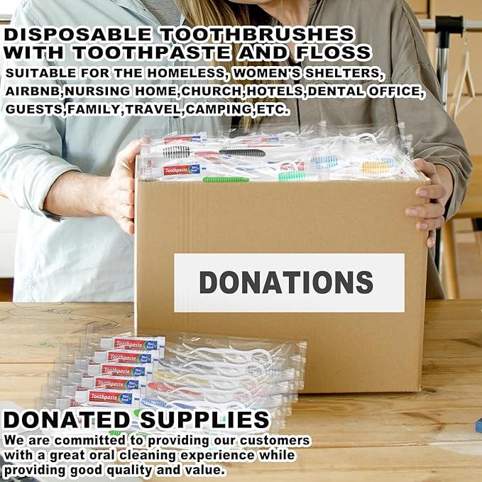HAIFOTRVA Disposable Toothbrushes with Toothpaste and Floss,50pcs Single Use Individually Wrapped Disposable Travel Toothbrushes and Dental Floss Kit Bulk for Homeless,Airbnb,Dentist,Hotel(5 Colors)