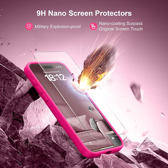 Magnetic for iPhone 15 Pro Case, Compatible with MagSafe, with 9H Nano Screen Protectors, Full Camera Protection, Silicone Shockproof Microfiber Lining Phone Case 6.1", Hot Pink