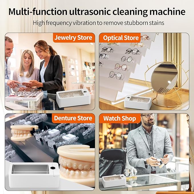 Portable Ultrasonic Cleaner Machine - 50KHz Jewelry Cleaner Ultrasonic Machine with 3 Timer Modes, Ultrasonic Jewelry Cleaner for Jewelry, Eyeglasses, Rings, Watches, Dentures, Retainer, Razors