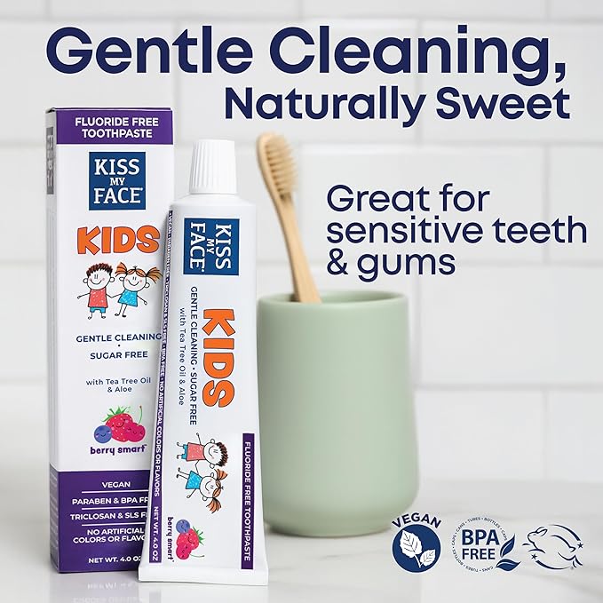 Kiss My Face Kids Toothpaste – Fluoride Free, Natural Berry Flavor, Gentle Cleaning for Children’s Teeth & Gums – Vegan, Sugar Free, SLS Free, No Artificial Colors or Flavors, with Xylitol – 4 oz
