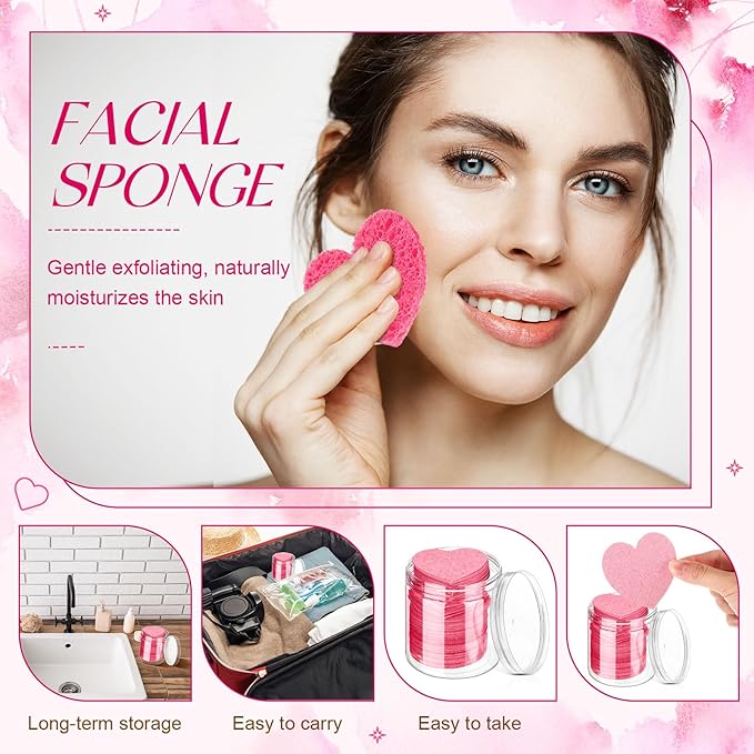 Loopeer 96 Pcs Compressed Facial Sponges with Container Disposable Face Sponge Pads for Washing Face Cleansing Exfoliating Esthetician Makeup Removal (Pink)