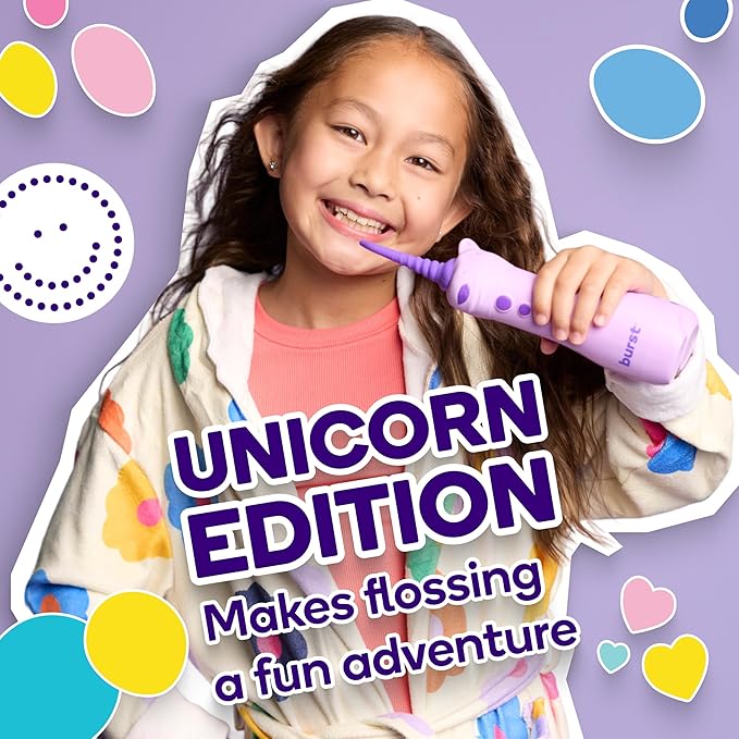 BURST Kids Water Flosser (Unicorn) | Cordless & Rechargeable Water Flosser for Teeth | 3 Gentle Pressure Modes | Silicone Safety Tip | Braces-Friendly | Fun, Kid-Safe Design | 155mL Water Tank