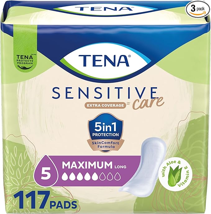 TENA Sensitive Care Incontinence Pads for Women, Bladder Control & Postpartum, Maximum Absorbency, Long - 117 Count