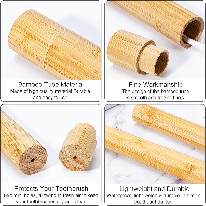 Yeeco 2 Pcs Portable Bamboo Toothbrush Case, Wooden Toothbrush Covers Storage Container Reusable Toothbrush Travel Holder Sustainable for Trip Camping Home Travelling Attach 4 Pcs Sticky Label