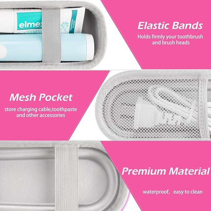 Toothbrush Travel Case for Oral B/Oral-B Pro 1000 1500 5000 7000 & Philips Sonicare 4100 1100 5300 5100 6100/iO Electric Toothbrush, Hard Protective Storage Bag (Pink case with toothbrush cap)