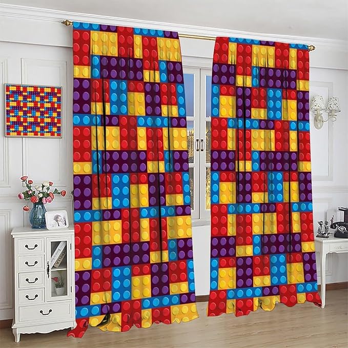 Building Block Colored Curtains, Children's Themed Curtains Collection Building Block Patchwork Cartoon Print Curtains, Light Trim 2 Panel Set Rod Pockets 42x63in