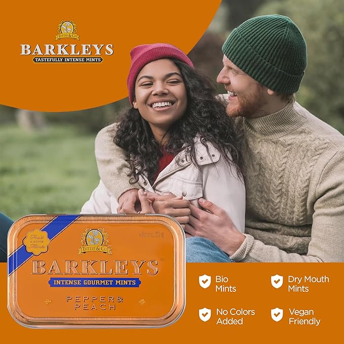 Barkleys Gourmet Pepper & Peach Breath Mints - Strong Pepper & Peach Flavor for Party, After Dinner, Wedding, Every Day Use-Vegan Mints In Reusable Classic Travel Tins, 1 Pack - 50 Count Each