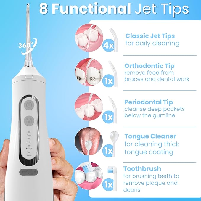 Dental Water Flosser Cordless, 310ML Electric Flosser with 4 Cleaning Modes & 8 Replaceable Jet Tips, IPX7 Waterproof Electric Waterflosser for Teeth Cleaning (8 Tips)