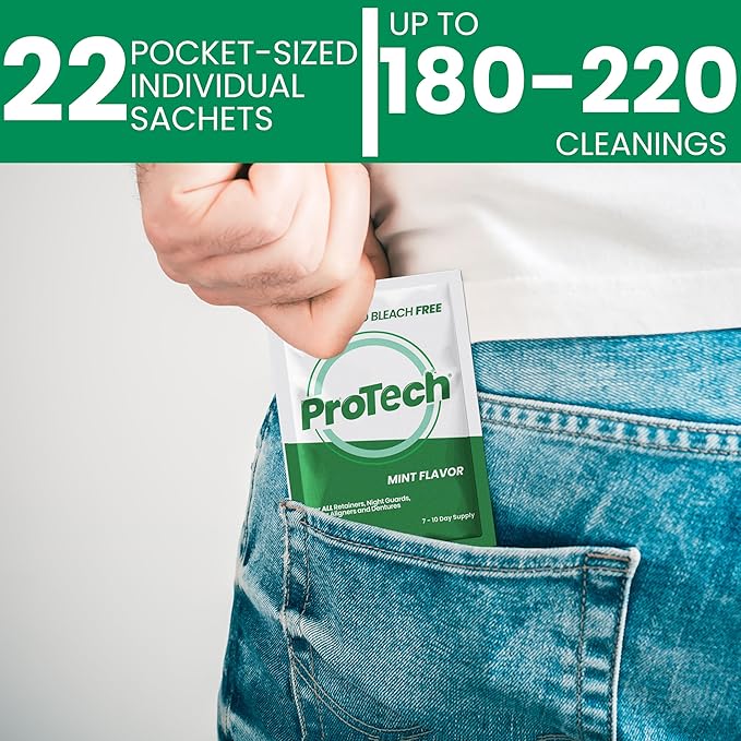 Pro Tech Retainer Cleaner - 180-220 Cleanings (0.17 Per Cleaning) 22 Pack/6 Month Supply - For Clear Aligners, Dentures, Retainers, Mouth Guards & Night Guards - Cleaning Crystals, Mint