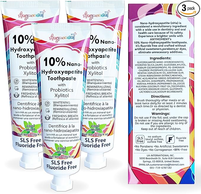 Anymoment 10% Nano Hydroxyapatite Toothpaste (Fluoride Free), Whitening*, Supports Enamel Care*, Appropriate for Sensitive Teeth*, SLS Free, Xylitol nHA Toothpaste for Adults, Mint 4oz (Pack of 3)