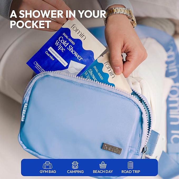 FOMIN Travel Cold Shower Wipes - 10 Pack - No Rinse XL Bathing Wipes with Vitamin E - Fragrance-Free Full Body Wipe for Adults - Individually Wrapped Waterless Bath Wipe for Hygiene, Camping, & Gym