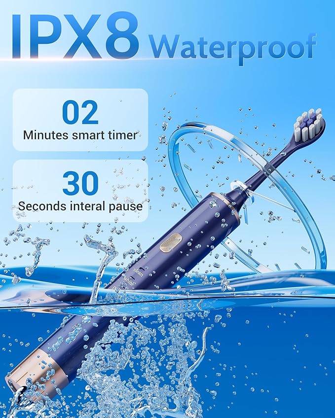 Blue & Pink Electric Toothbrush for Adults, USB Rechargeable Sonic Toothbrush with 12 Brush Heads, Smart Timer, 6 Modes, 2-Hour Fast Charge Last 30 Days