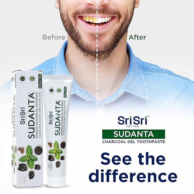 Sri Sri Tattva Sudanta Charcoal Toothpaste Gel – SLS, Fluoride Free Herbal Toothpaste with Neem & Ayurvedic Herbs – Natural Teeth Whitening, Fresh Breath, Oral & Gum Health – 100g Tube (Pack of 3)