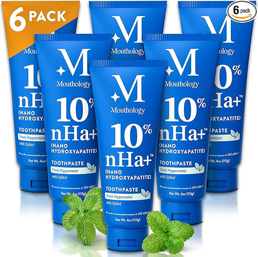 Mouthology 10% Nano Hydroxyapatite Toothpaste (6pk, Fluoride Free), Whitening*, Supports Enamel Care*, Appropriate for Sensitive Teeth*, SLS Free, Xylitol nHA Toothpaste Adults, Mint 4oz (USA Made)