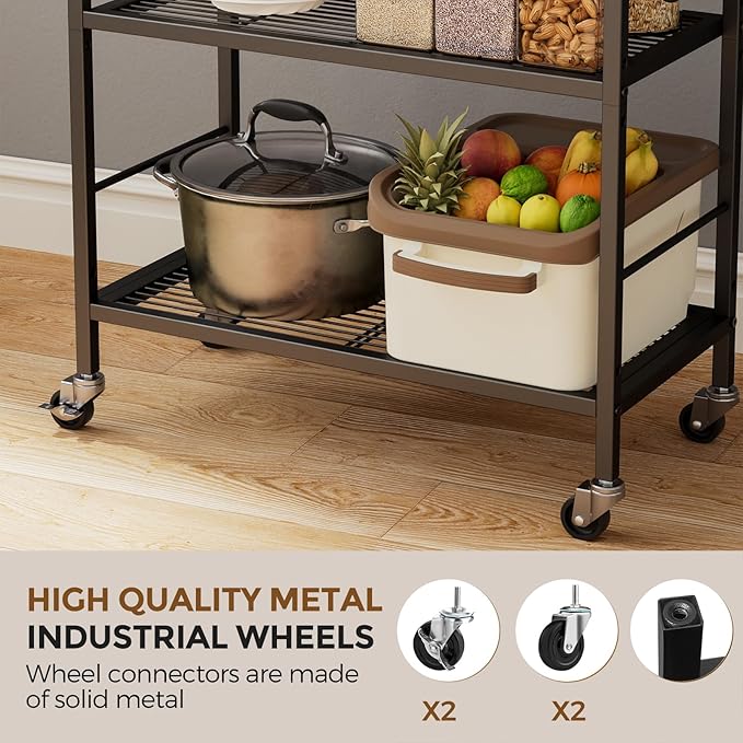 XIVIRACK 3-Tier Metal Storage Rack with Industrial Wheels,Mesh Shelving Unit with Wooden Table top,Adjustable Shelf,23.6-Inch Width,for Kitchen,Laundry,Pantry,Plant,Black