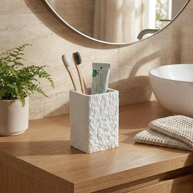 White Stone-Look Toothbrush Holder for Bathroom, Natural Rough Stone Textured, Unbreakable Heavy Bathroom Cup, Vanity Countertop Organizer for Makeup Brushes